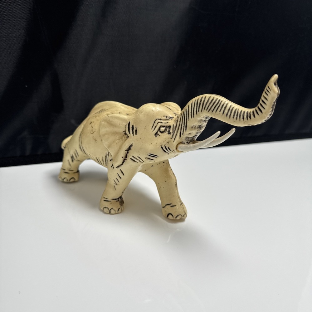 Vintage MCM Cream Plastic Elephant Figurine Trunk Up Good Luck Statue 8X4 Inches